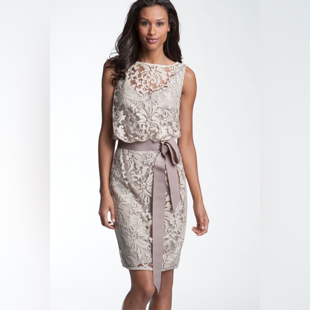 Tadashi Shoji Lace Overlay Ribbon Dress Size 2 Sand Beige Blouson Sleeveless